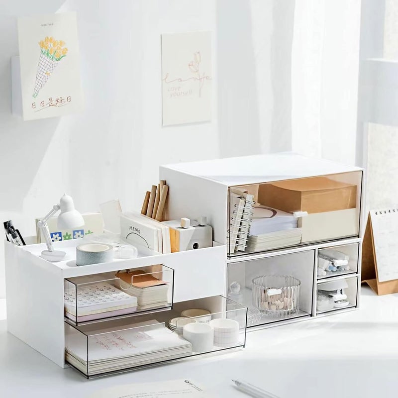 kulusion Desk Drawer Organizer, Desk Storage Box with 2 Drawers and 4 Compartments, Multifunctional Desk Accessories & Countertop Organizers for Office School Home (White） - Image 5